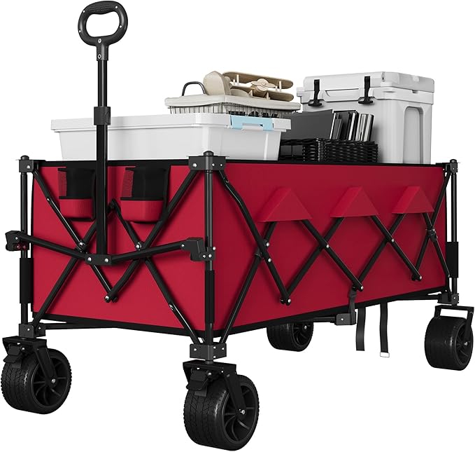 Heavy Duty Foldable Wagon for Beach, Extra Large Collapsible Foldable Wagon for Camping, All Terrain Beach Wagons Extended with Cup Holders for Sand