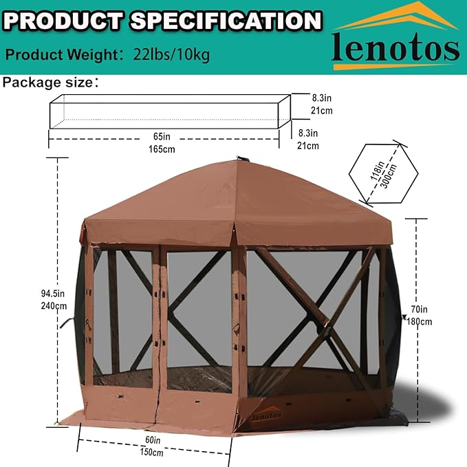 10 x 10 FT Pop Up Screen Tent, Portable Outdoor Camping Gazebo with Ground Stakes and Carry Bag, Brown