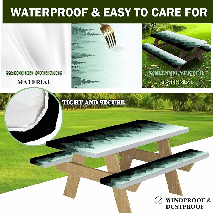 CAPSCEOLL Fitted Picnic Table Cover with Bench Covers with Elastic 8Ft Waterproof Camping Picnic Table Cover Cloths for Outdoors Camping Tablecloth with Drawstring Bag, 96X30in, Green Forest