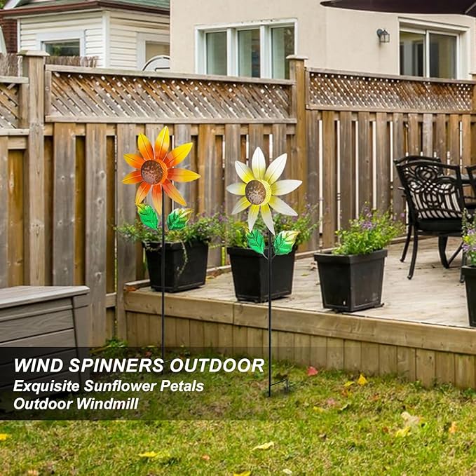 2 Pack Metal Wind Spinners for Outdoor Decor - Garden Windmill Sculptures, Yard Art for Patio Lawn - Vibrant White Daisies & Orange Sunflowers Metal Spinners for Garden Decorations