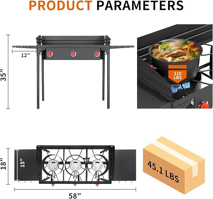 SKOK 3 Burners Portable Propane Stove with Side Shelves & Wind Panel, Camping Stove with 225,000 High Efficiency Propane Burner, Outdoor Stove for Camping, Backyard, Picnic