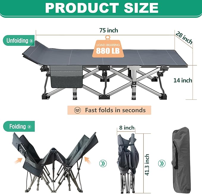 LILYPELLE Folding Camping Cot, Extra Wide Heavy Duty Sleeping Cots with Carry Bag, Double Layer Oxford Portable Travel Camp Cots for Home, Office Nap and Outdoor Beach