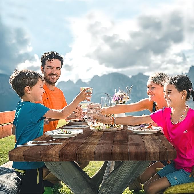 Picnic Table Cover with Bench Covers Elastic Edges, Brown Wood Fitted Table Cover, Outdoor Patio Camping Essentials 72 Inch 3PCS, Waterproof Camping Fitted Tablecloth with Drawstring Bag