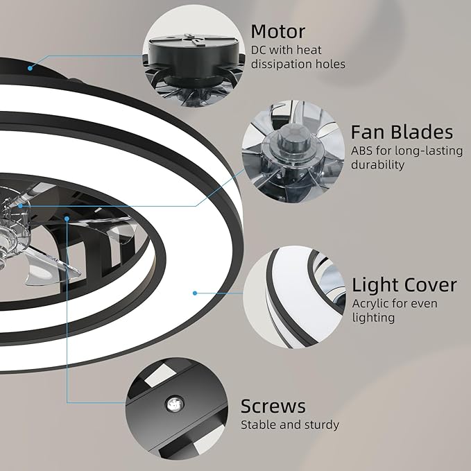 Ceiling Fans with Lights, 16'' Modern Low Profile Ceiling Fan Light with Remote, 3000-6500K Dimmable LED Fan Light, 6 Speeds Small Flush Mount Ceiling Fan for Bedroom, Kids Room (Black)