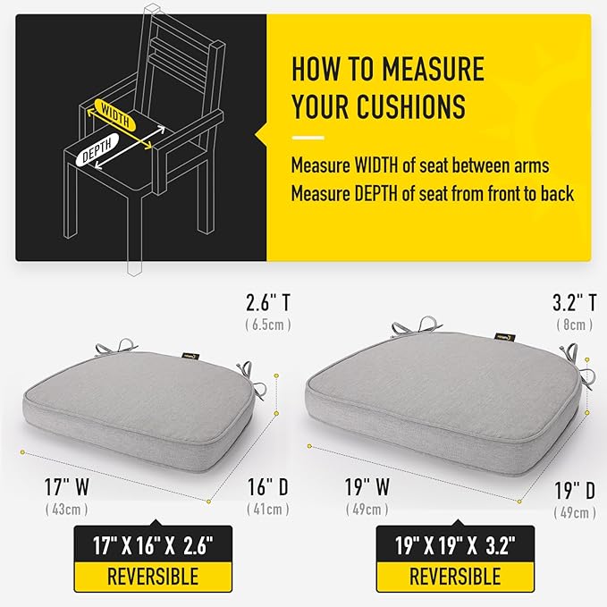 SUNROX Gel Memory Foam Chair Cushions, FadeShield Water-, Stain-Resistant Durable Reversible Seat Cushion Pads with Ties for Indoor/Outdoor Kitchen Dining Office 17"x16" Set of 2, Heather Grey