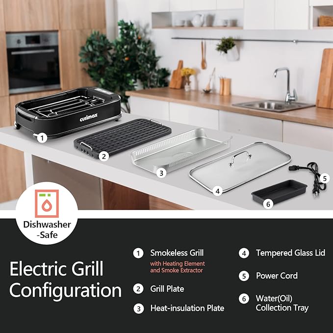 Smokeless Grill Indoor, CUSIMAX Electric Grill, 1500W Portable Korean BBQ Grill with LED Smart Display & Tempered Glass Lid, Non-stick Removable Plate, Dishwasher Safe, Black