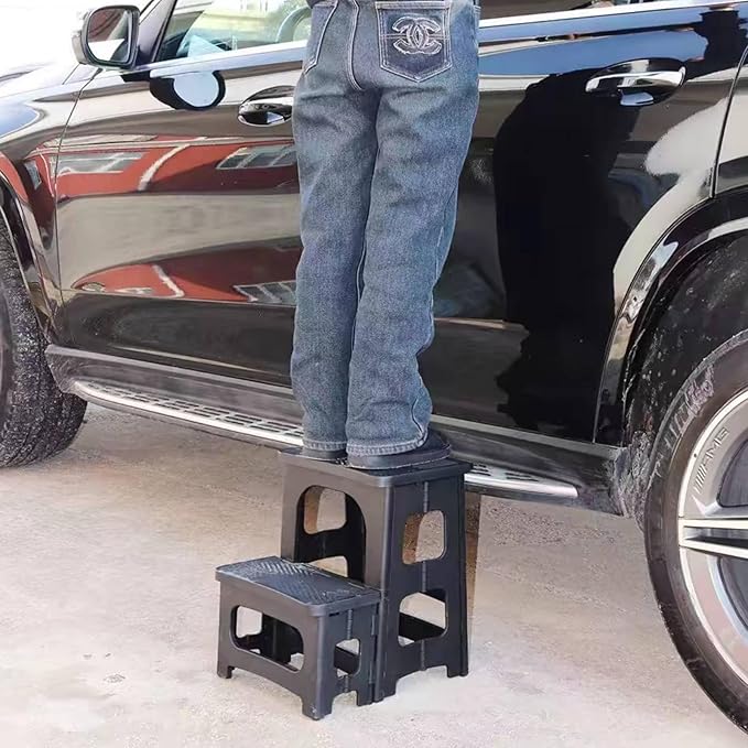 2-Step Folding Stool, Non-Slip Folding Step Stool Plastic Steps Ladder, Portable Bedside Step Stool, Hold up to 300 lbs, Lightweight & Foldable Step Ladder for Kitchen Toilet Office Home RV-Black