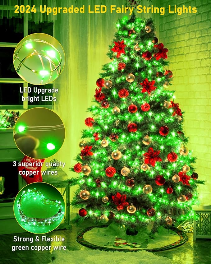 KNONEW 203FT Outdoor Christmas Fairy Lights Plug in,600 LED String Lights Outdoor Waterproof 8 Modes Memory Times for Wedding Bedroom Walls Garden Trees Decoration(Green)
