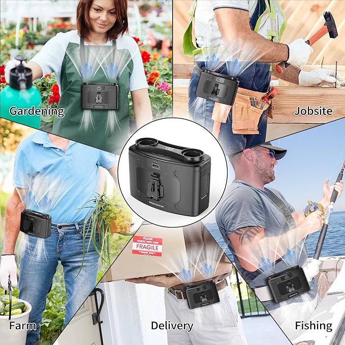 20000mAh Portable Waist Fan, Personal Fan Clip on with Rechargeable Battery operated, Dual Motors Upto 40H Cooling,10 Speeds,16000RPM Hands-Free Belt Neck Fan for Outdoor Jobsite Camping Travel