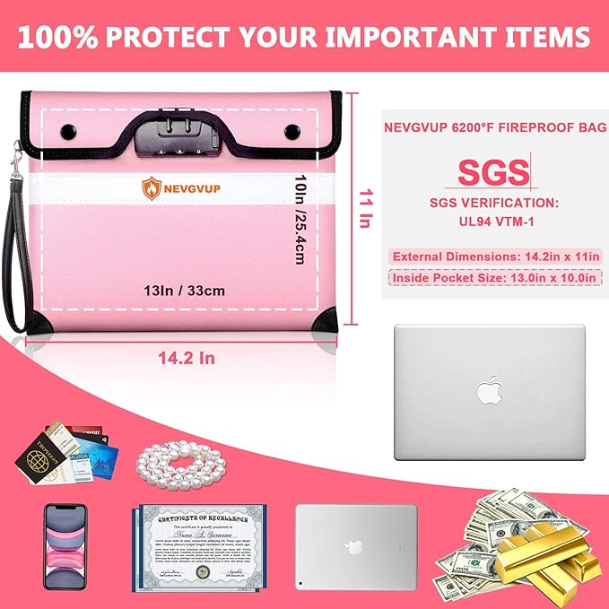 Upgraded 6200°F Fireproof Document Bag with Code Lock, Fire Proof Pouch w. Zipper/Reflective Strip, 9 Layers of Heat Insulated Materials, Fireproof Money Bag for Cash/Documents, Water Resistant