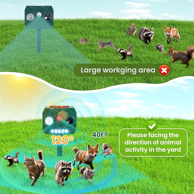Solar Ultrasonic Animal Repellent Outdoor, 4 Pack Cat Squirrel Raccoon Bird Dog Deer Repellent Devices with PIR Motion Sensor & LED Flash, Waterproof Animal Deterrent for Garden Yard Farm