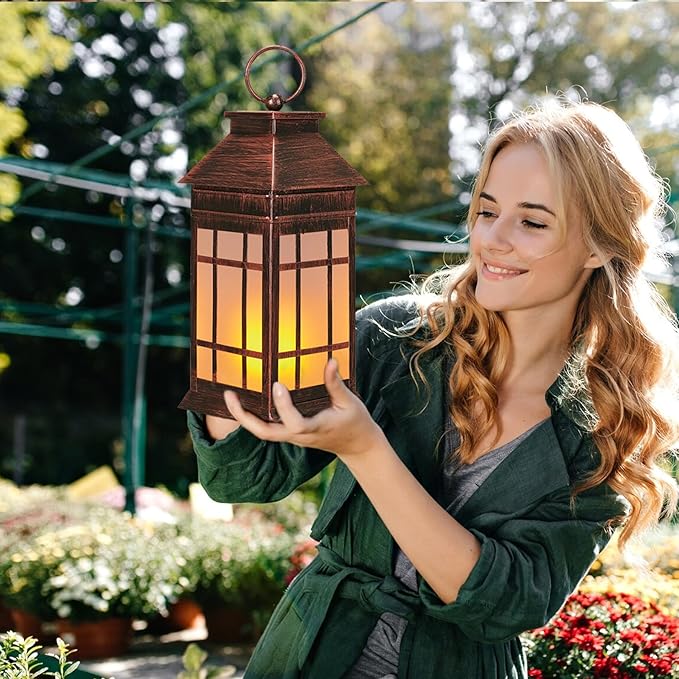 18" Glass Solar Lanterns Outdoor Waterproof, Large Solar Flickering Flame Lantern, Outdoor Lantern Decorative Metal Garden Light for Patio Garden Backyard Outside Tabletop Decor Birthday Gift Grandma