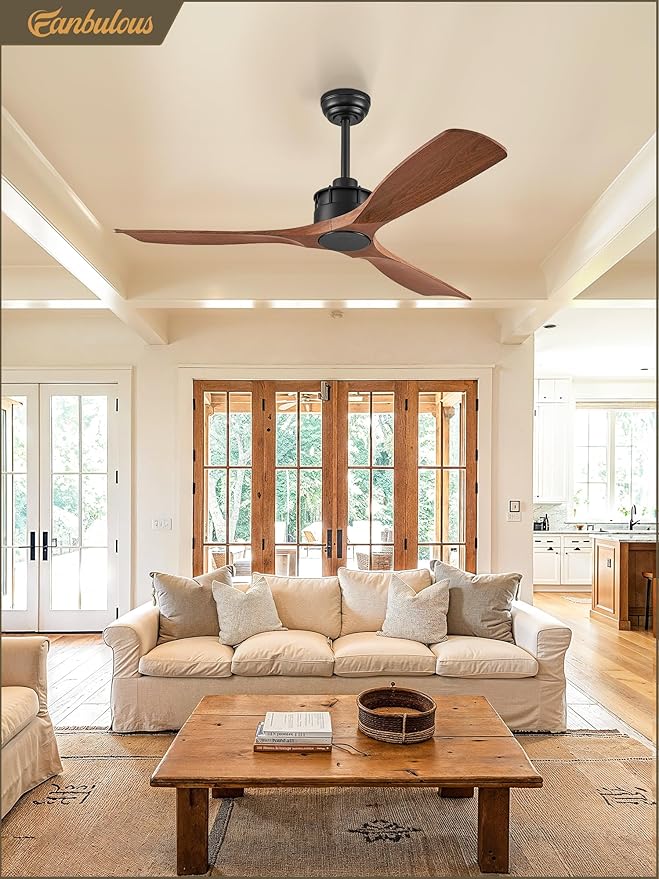 52" Ceiling Fans Without Lights, Flush Mount Ceiling Fan with Remote Control,Modern Outdoor Ceiling Fans with 2 Downrods 6-Speeds Reversible DC Motor for Patio Bedroom Living Room