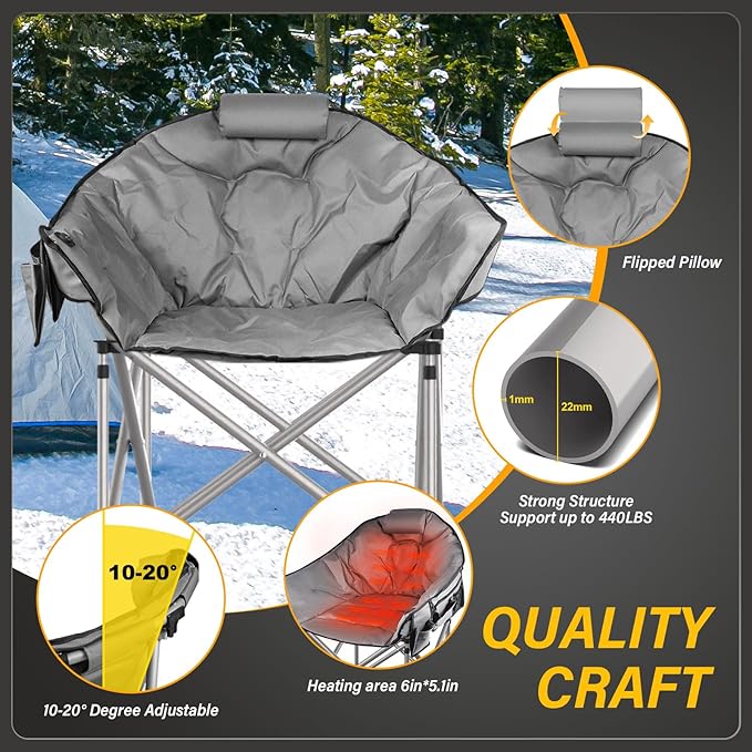 Oversized Heated Camping Chair, 3 Heat Levels Portable Heated Folding Chairs, Camping Heated Chair for Adults Supports 440 lbs, Heavy Lawn Chair for Camping/Patio/Outdoor Sport