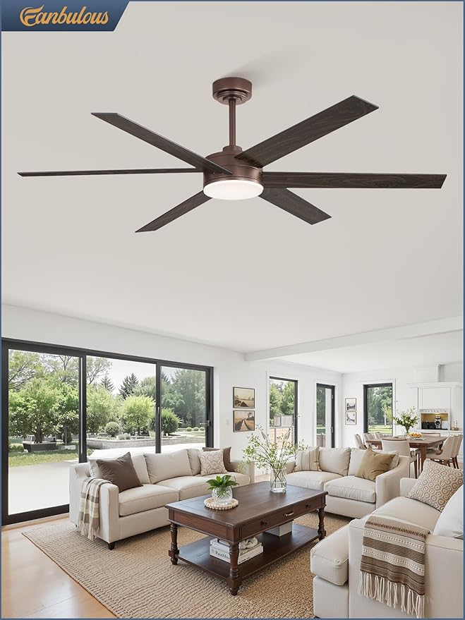 60 Inch Ceiling Fans with Lights and Remote, Reversible 6 Blades, Dimmable, 3000K-6000K Adjustable, Outdoor Ceiling Fans for Patios, Large Ceiling Fan for Indoor or Covered Outdoor, Brown