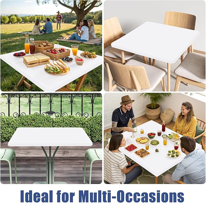 Spandex Picnic Table Cloth 2 Pack, Elastic Fitted Tablecloths for Square Tables, Stretch Washable Patio Table Cover for Outdoor, Camping, Banquet and Parties (White, 34"x34")