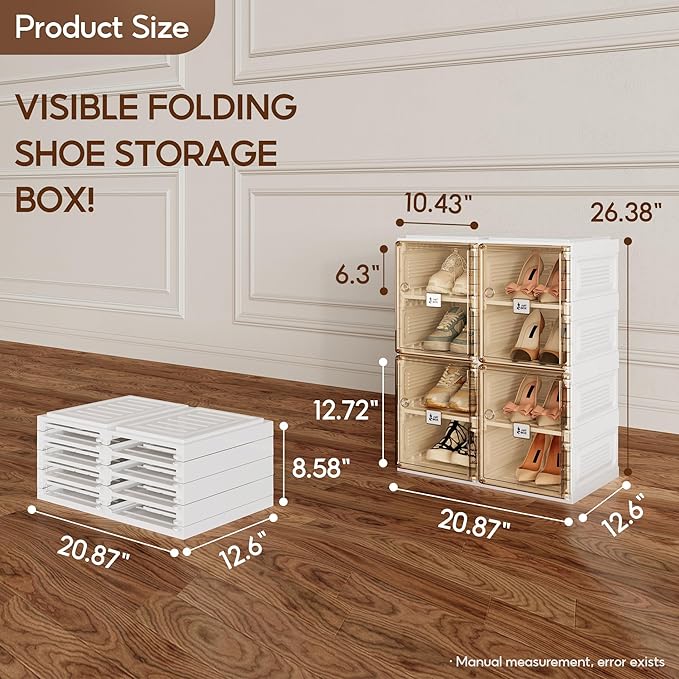 ANTBOX Shoe Organizer Storage Box, Portable Folding Shoe Rack For Closet With Magnetic Clear Door,Large Sneaker Cabinet Bins All-in-one Sturdy Easy Assembly 4 Layers-8 Grids