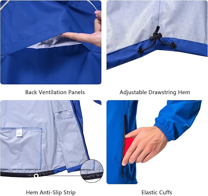 Men's Cycling Running Rain Jacket Lightweight Waterproof Biking Hiking Windbreaker Raincoat Reflective Packable