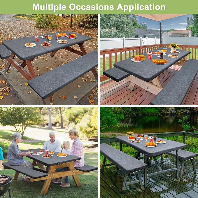 Picnic Table Cover with Bench Covers Camping Essentials Waterproof Windproof Camping Tablecloth with Drawstring Bag, Fitted Rectangle Tables and Seats, 72in, Heather Grey