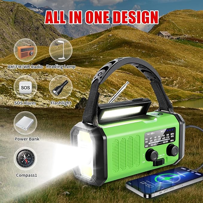 Hand Crank Emergency Radio, 10000mAh Solar Powered NOAA/AM/FM Weather Radio with Multi-Function LED Flashlight and Cell Phone Charger for Indoor/Outdoor Emergencies
