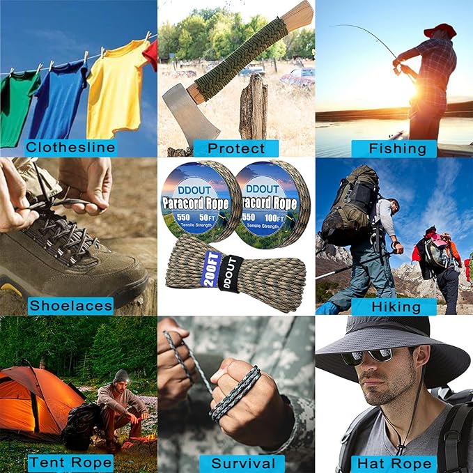 Paracord Nylon Rope Camo 200ft with 7-Strand Core, 10 Colors and 50/100/200 ft, Type III Parachute Cord 4mm for Camping, Survival, Hiking, DIY, Crafting, Outdoor Utility Rope