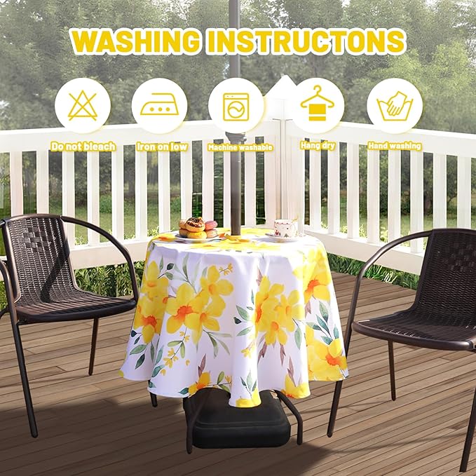SquarePie Round Outdoor Talecloth, 60'' Waterproof Spill Proof Patio Table Cloth Cover with Umbrella Hole and Zipper for Spring Summer Party Picnic,Yellow Flower