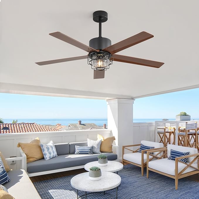 52-Inch Outdoor Fan Light,with Light and Remote Control,6-Speed Reversible DC Motor,Adjustable Height, Suitable for Pavilions and Porches.(Wood Grain)