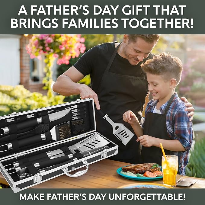 Kaluns Grilling Accessories, Dad Gifts for Christams Grilling Gifts, Heavy Duty Stainless Steel BBQ Grill Tools Set for Outdoor Grill with Aluminum Case and Apron, Dad Birthday Gifts for Men Husband