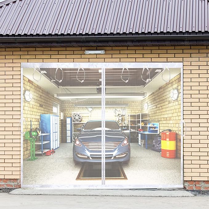 Magnetic Garage Door Screen Kit 12x8 FT White - Retractable Mesh Net Screen Door with Fiberglass Mesh for 1 Car Garage 12x8ft, Blocks Bugs & Provides Privacy - Perfect for Workshop Gym Patio