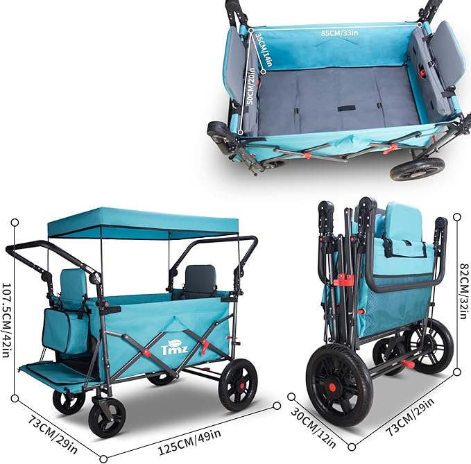 TMZ Foldable Wagon with Canopy, Collapsible Folding Wagon with Adjustable Handle Bar, Multi Functional Cart with Expansion Accessories, Front Expandable Transport Camping Wagon(Turquoise/Grey)