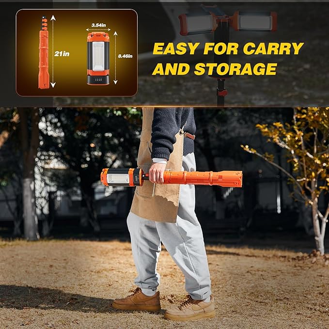 MENDED Portable Camping Light with Tripod Stand 73.2inch Rechargeable Cordless Work Light with 3 LED Lamp Heads for Outdoor Work, Power Outages, Fishing (Orange)