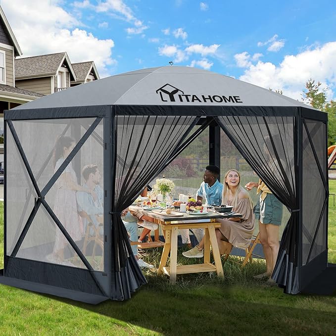 YITAHOME 11.5x11.5ft Camping Gazebo, Portable Pop Up Canopy Outdoor Screen Tent 6 Sided with Mesh Windows and Carry Bag for Camping, Picnic, Backyard Party Outside Activities, Gray