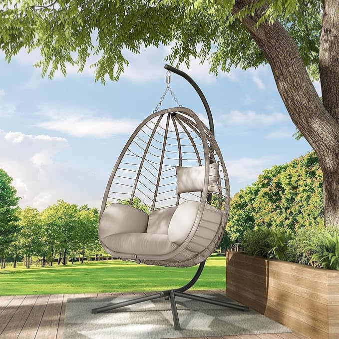 Hanging Egg Chair with Stand, Outdoor Indoor Egg Swing Chair with Cushion Headrest for Patio, Porch, Balcony, Bedroom, 350LBS Capacity (Brown)