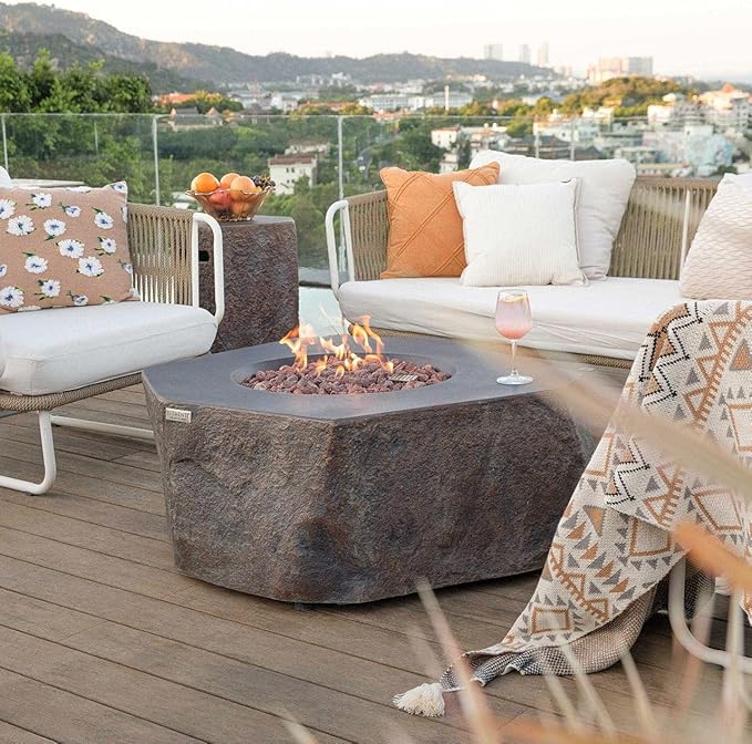 Elementi | Columbia Gas Fire Pit Cast Concrete Semi-Round Fire Table, Outdoor Fire Pit Electronic Ignition | Canvas Cover, Lava Rock Included | Propane Gas