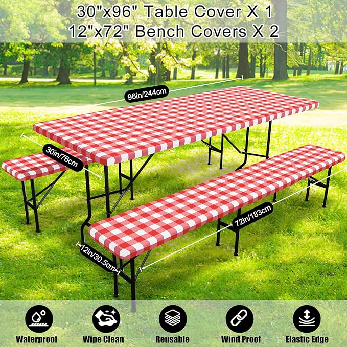 Smiry Picnic Table Cover with Bench Covers, Waterproof Elastic Fitted Tablecloths for 8 Foot Rectangle Tables, Washable Buffalo Plaid Tablecloth for Camping, Outdoor (Red & White, 30"x96")