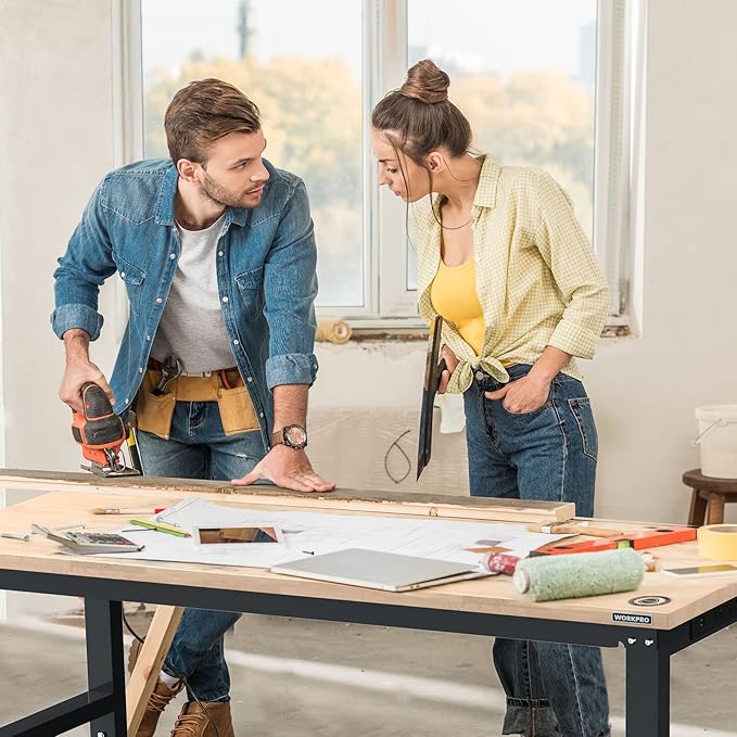 WORKPRO 60" Adjustable Workbench, Rubber Wood Top Heavy-Duty Workstation, 2000 LBS Load Capacity Hardwood Worktable with Power Outlets, for Workshop, Garage