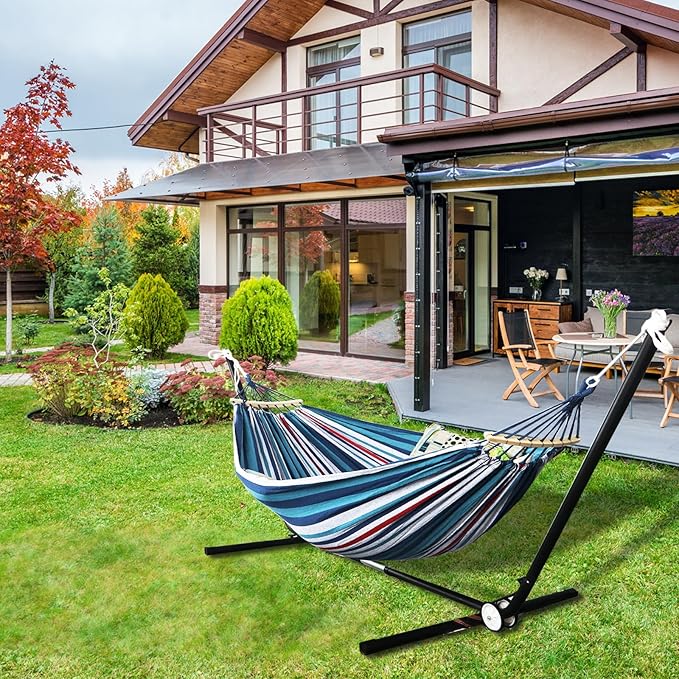 Anyoo Garden Cotton Hammock Comfortable Fabric Hammock with Spreader Bar Sturdy Hammocks Up to 450lbs Portable Lightweight Hammocks with Travel Bag for Camping Outdoor/Indoor Patio Backyard