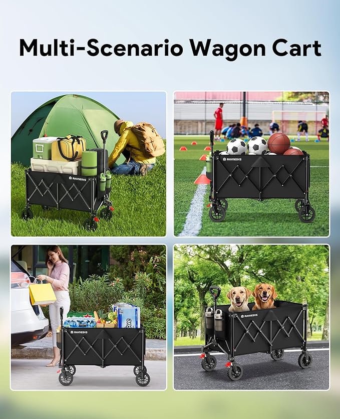 Collapsible Foldable Wagons, 440lbs Capacity Wagons Carts Foldable with All-Terrain Wheels, Heavy Duty Foldable Wagon, Utility Wagon Carts with Brakes for Camping, Sports, Shopping, Beach, Black