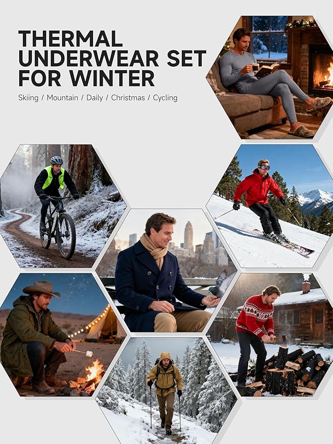 VZV Thermal Underwear for Men Fleece Lined Long Johns for Mens Thermals Top and Bottom Set Soft Base Layer for Winter