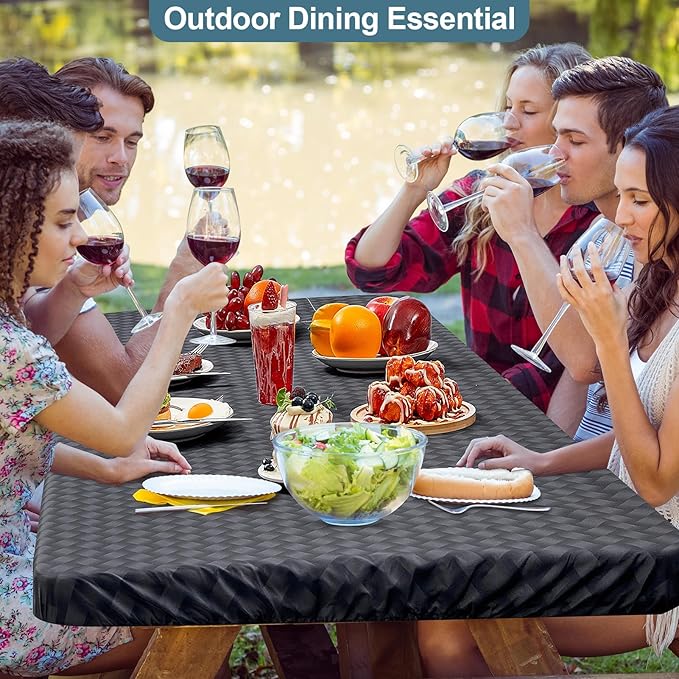 Picnic Table Cover with Bench Covers Portable Tablecloth Built-in Storage Pocket Picnic Table Covers with Elastic Waterproof Camping Essentials for RV Camping