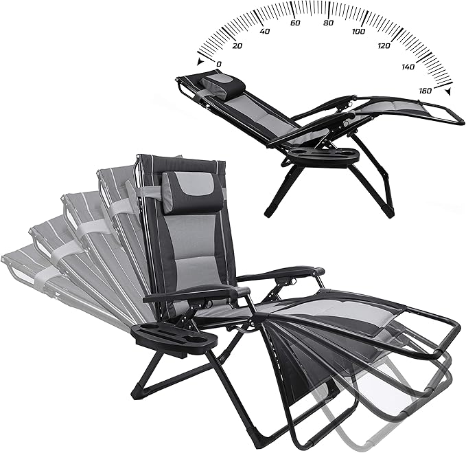 XXL Oversize Recliner Folding Chair – Heavy Duty Zero Gravity Lounge Chair with Sunshade, Cup Holder Tray & Padded Seat – Extra Wide Reclining Patio Chair for Camping & Outdoors