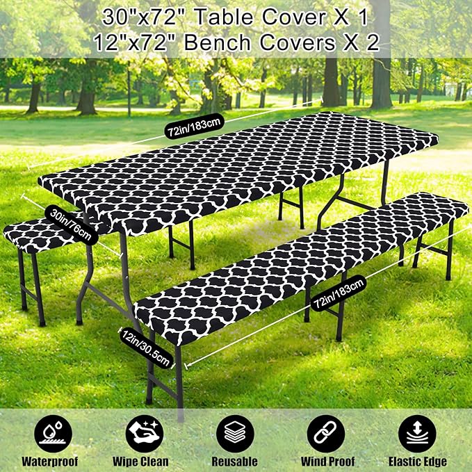 Smiry Picnic Table Cover with Bench Covers, Waterproof Elastic Fitted Tablecloth for 6 Foot Tables, Washable Polyester Tablecloths for Camping, Indoor & Outdoor (Black Morocco, 30x72 Inch 3-pc Set)