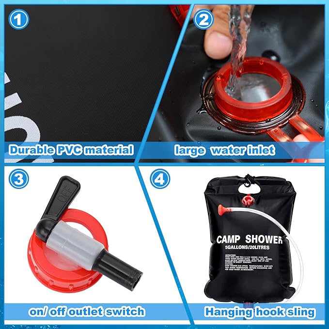 VIHOSE 6 Pcs Solar Shower Bags 5 Gallons/ 20 l Solar Heating Camping Shower Bags with Removable Hose for Camping Beach Swimming Outdoor Traveling Hiking Climbing(Black)