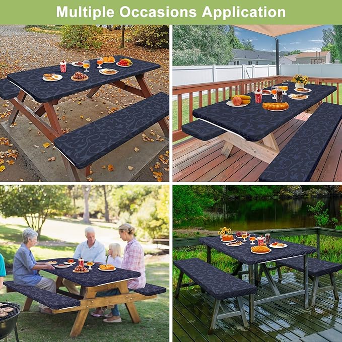 Picnic Table Cover with Bench Covers Camping Essentials Waterproof Windproof Camping Tablecloth with Drawstring Bag, Fitted Rectangle Tables and Seats, 72in, Midnight Blue