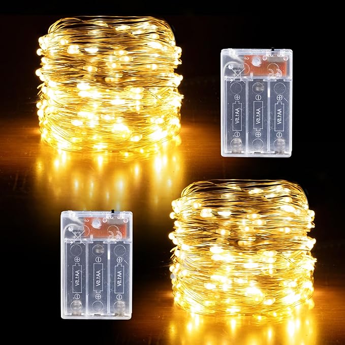 Fairy Lights Battery Operated String Lights 16.4ft 50LED Flashing and Constant Light Waterproof Silver Wire for Christmas DIY Party Bedroom Wedding (Warm White, 2 Pack)