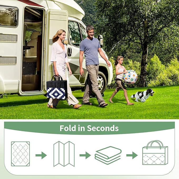 GENIMO Outdoor Rug for Patio Clearance, 10'x14' Waterproof Large Camping Mat, Reversible Plastic Straw Rugs for RV, Camper, Balcony, Backyard, Picnic, Deck (Navy Blue & White)