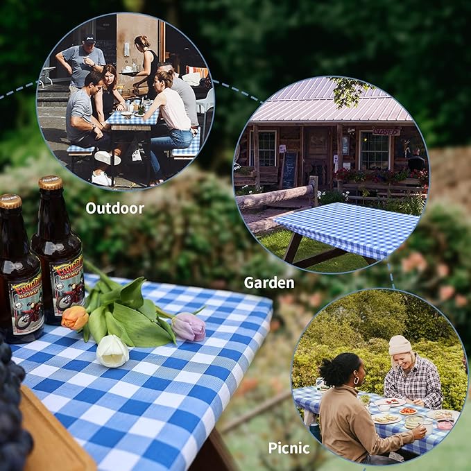 Picnic Table Cover and Bench Covers, Fitted Tablecloth Cover with Elastic Edge, Water and Oil Proof, for Outdoor, Garden, Camping, 96x30 Inch, 3 Pieces Set, Blue & White