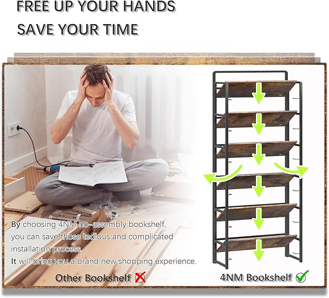 4NM No-Assembly 6 Tiers Folding Bookshelf Storage Shelves Vintage Bookcase Standing Racks Study Organizer Home Office (Rustic Brown Black)