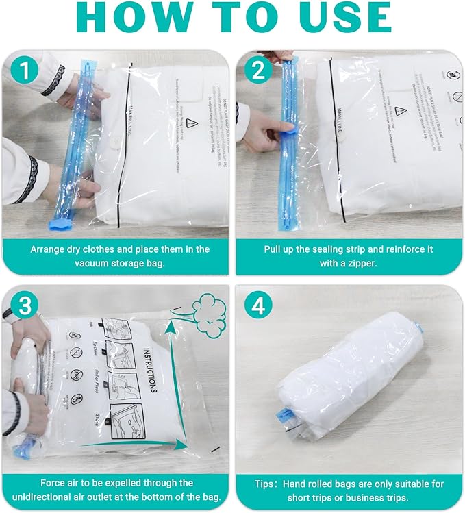 10 Pack Space Saver Vacuum Storage Bags Travel Vacuum Bags for Luggage Clothing Compression Bags for Travel Essentials No Vacuum or Pump Needed