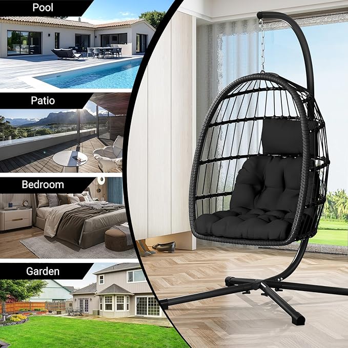 Egg Chair with Stand,Patio Rattan Wicker Hanging Swing Egg Chair Hammock Chair for Bedroom Porch Garden,Thickened Aluminum Alloy Steel Frame and UV Resistant Cushion,350LBS Capacity